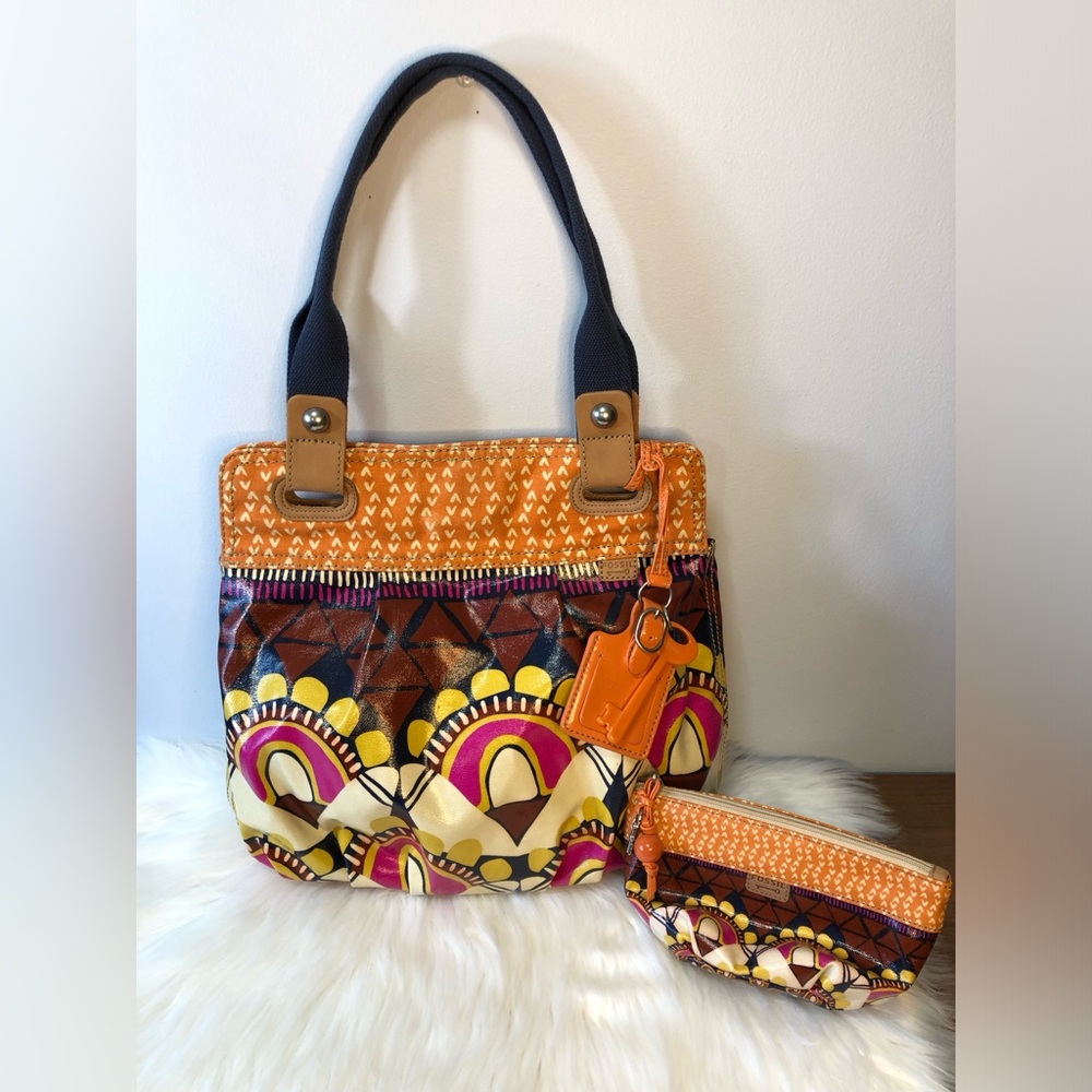 Fossil Key-Per Coated Canvas Hobo Tote and Makeup Bag.